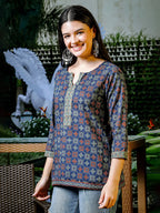 Yufta Blue Cotton Geometric Print Regular Top | Grocsy
