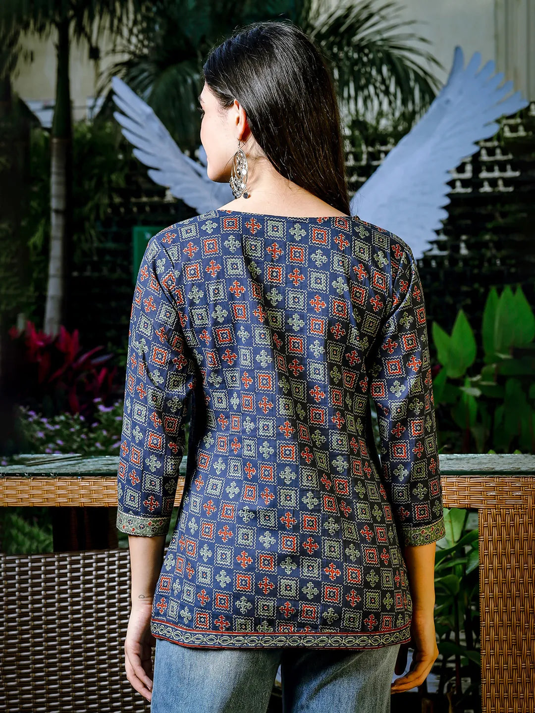 Yufta Blue Cotton Geometric Print Regular Top | Grocsy