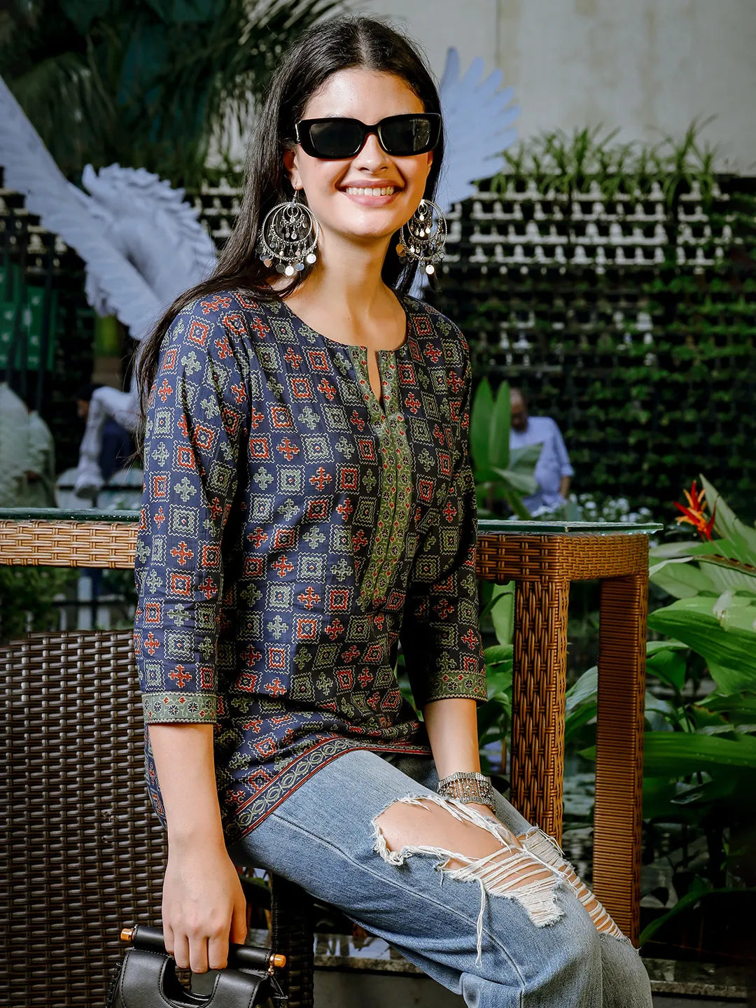 Yufta Blue Cotton Geometric Print Regular Top | Grocsy