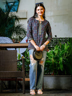 Yufta Blue Cotton Geometric Print Regular Top | Grocsy