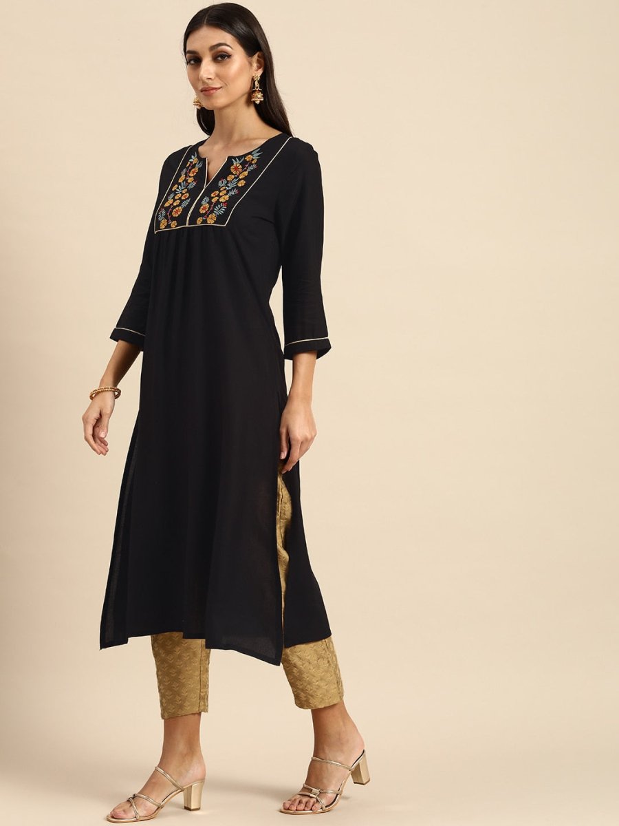 All About You Women Black Floral Yoke Design Embroidered Thread Work Straight Kurta | Grocsy