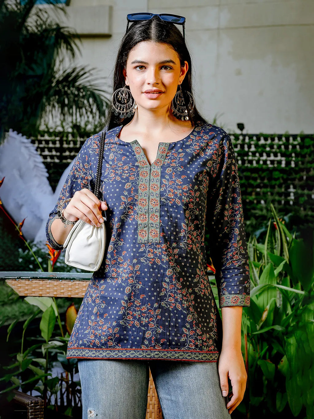 Yufta Blue Cotton Floral Print Regular Top | Grocsy