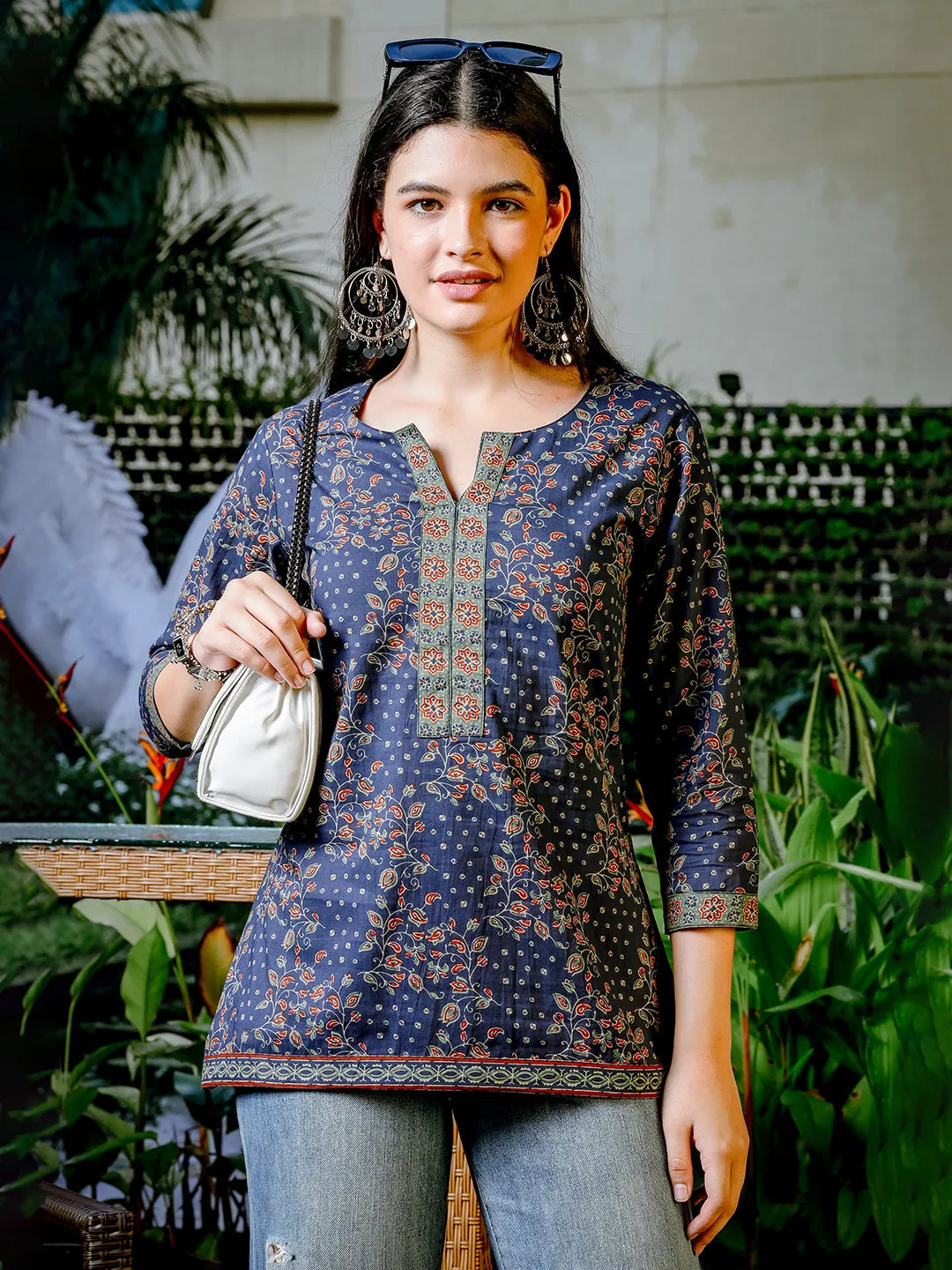 Yufta Blue Cotton Floral Print Regular Top | Grocsy