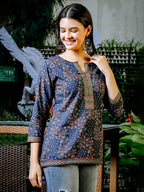 Yufta Blue Cotton Floral Print Regular Top | Grocsy
