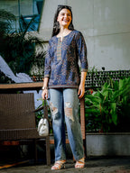 Yufta Blue Cotton Floral Print Regular Top | Grocsy
