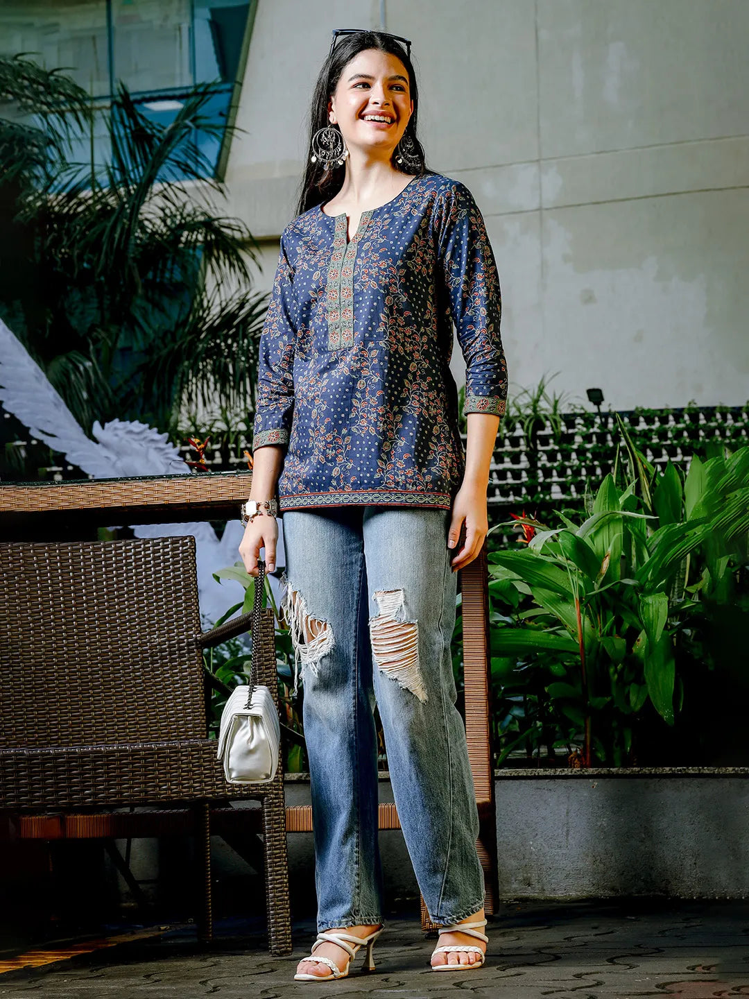Yufta Blue Cotton Floral Print Regular Top | Grocsy