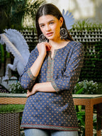 Yufta Blue Cotton Geometric Regular Top | Grocsy
