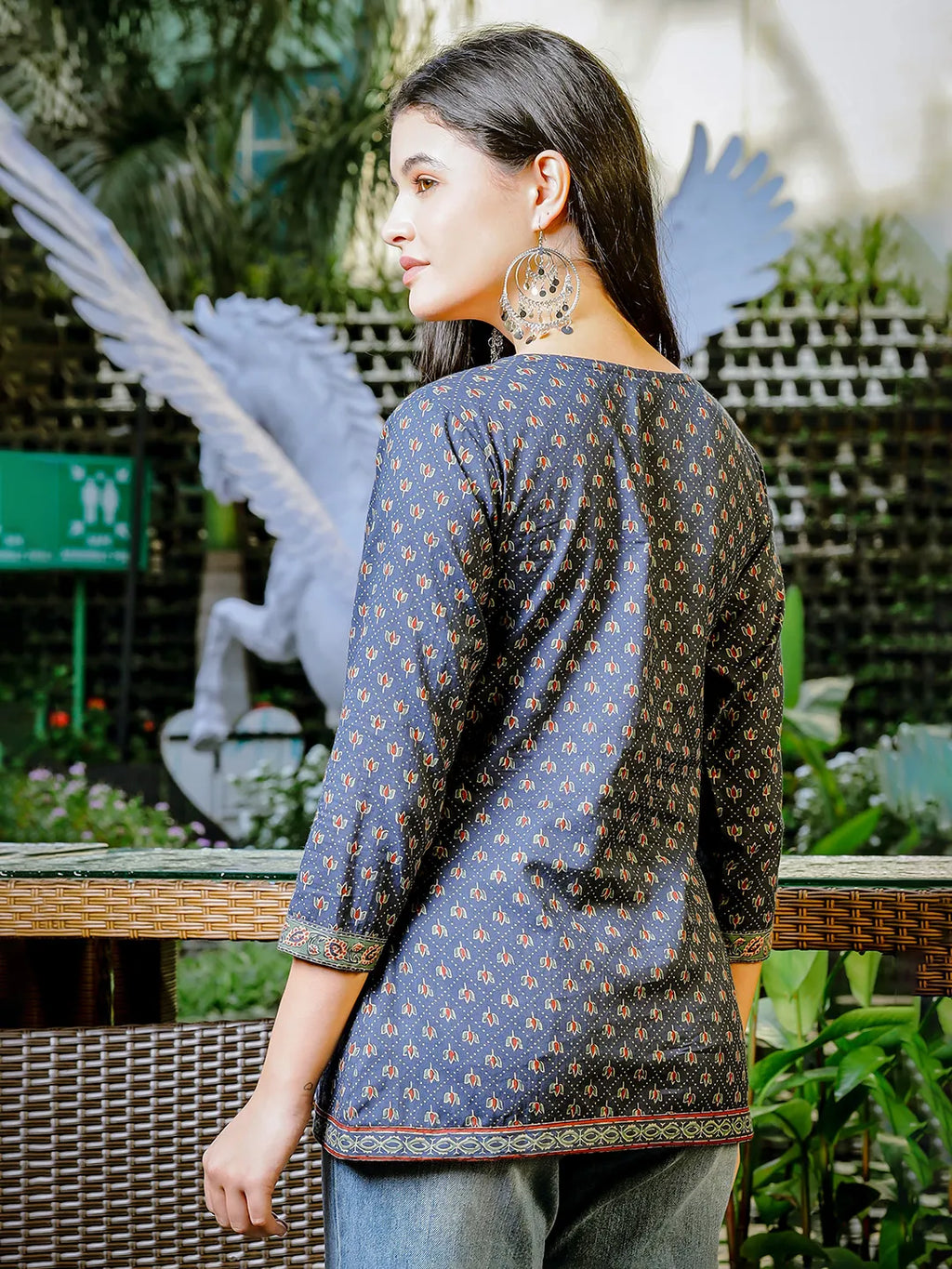 Yufta Blue Cotton Geometric Regular Top | Grocsy