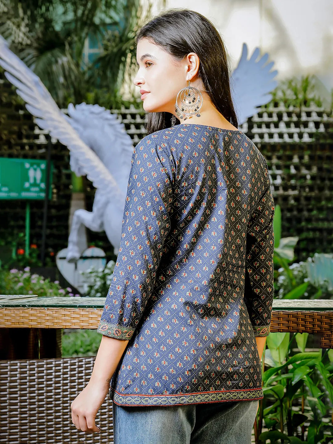 Yufta Blue Cotton Geometric Regular Top | Grocsy