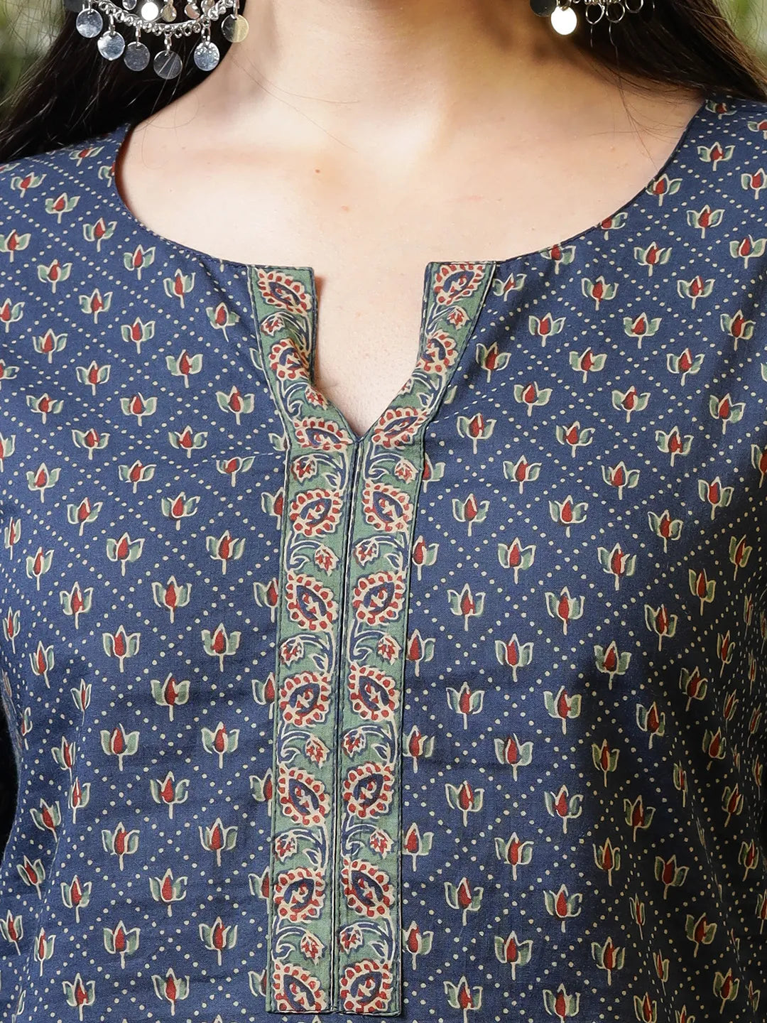Yufta Blue Cotton Geometric Regular Top | Grocsy