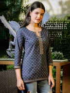 Yufta Blue Cotton Geometric Regular Top | Grocsy