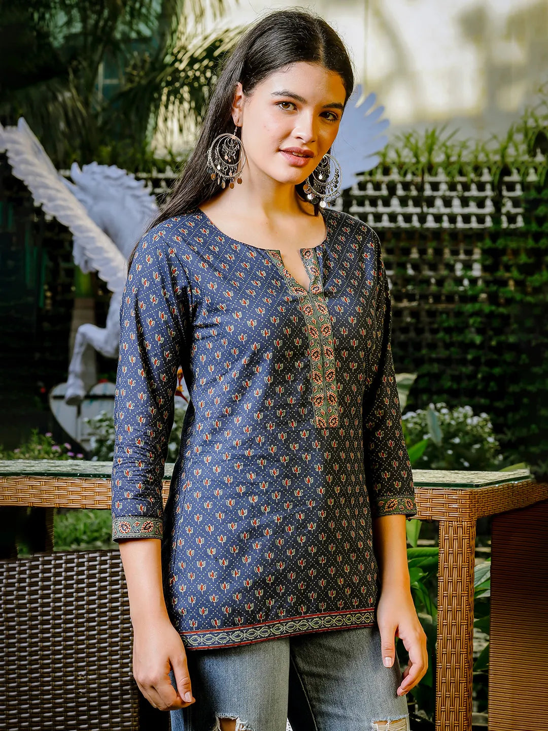 Yufta Blue Cotton Geometric Regular Top | Grocsy