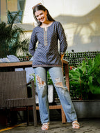 Yufta Blue Cotton Geometric Regular Top | Grocsy