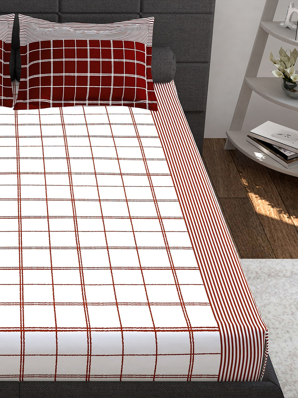 Story@home Maroon & White Geometric 152 TC Queen Bedsheet with 2 Pillow Covers | Grocsy