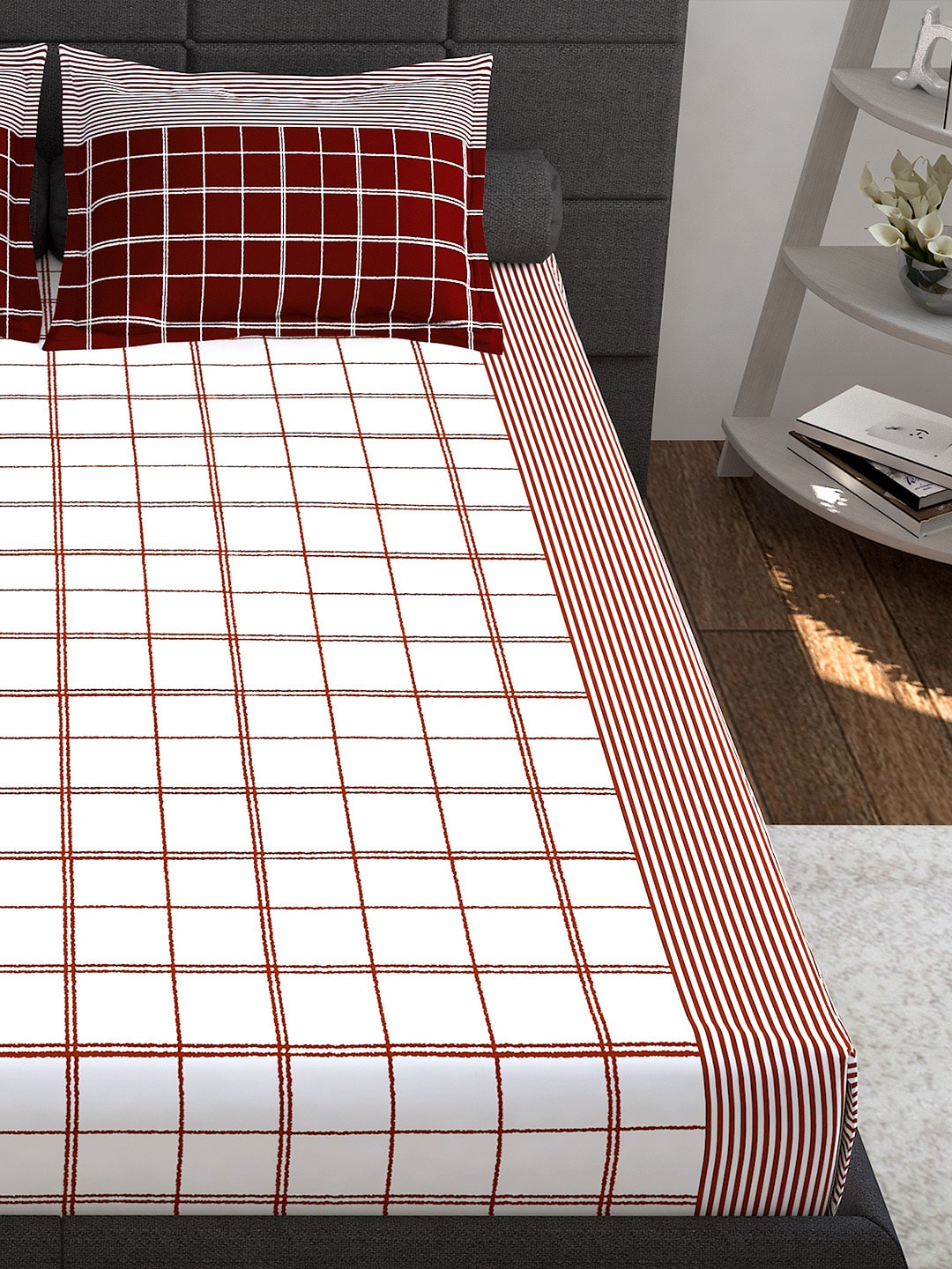 Story@home Maroon & White Geometric 152 TC Queen Bedsheet with 2 Pillow Covers | Grocsy