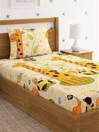 Home Sizzler Yellow & Orange Cartoon Characters 210 TC Single Bedsheet with 1 Pillow Covers | Grocsy