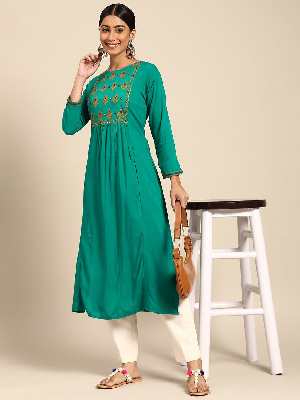 Sangria Women Green Floral Embroidered Mirror Work Kurta | Grocsy