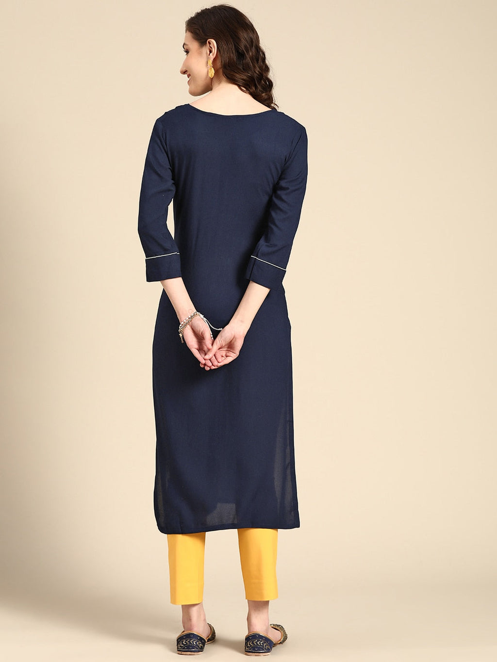 Sangria Women Navy Blue Floral Embroidered Floral Kurta | Grocsy