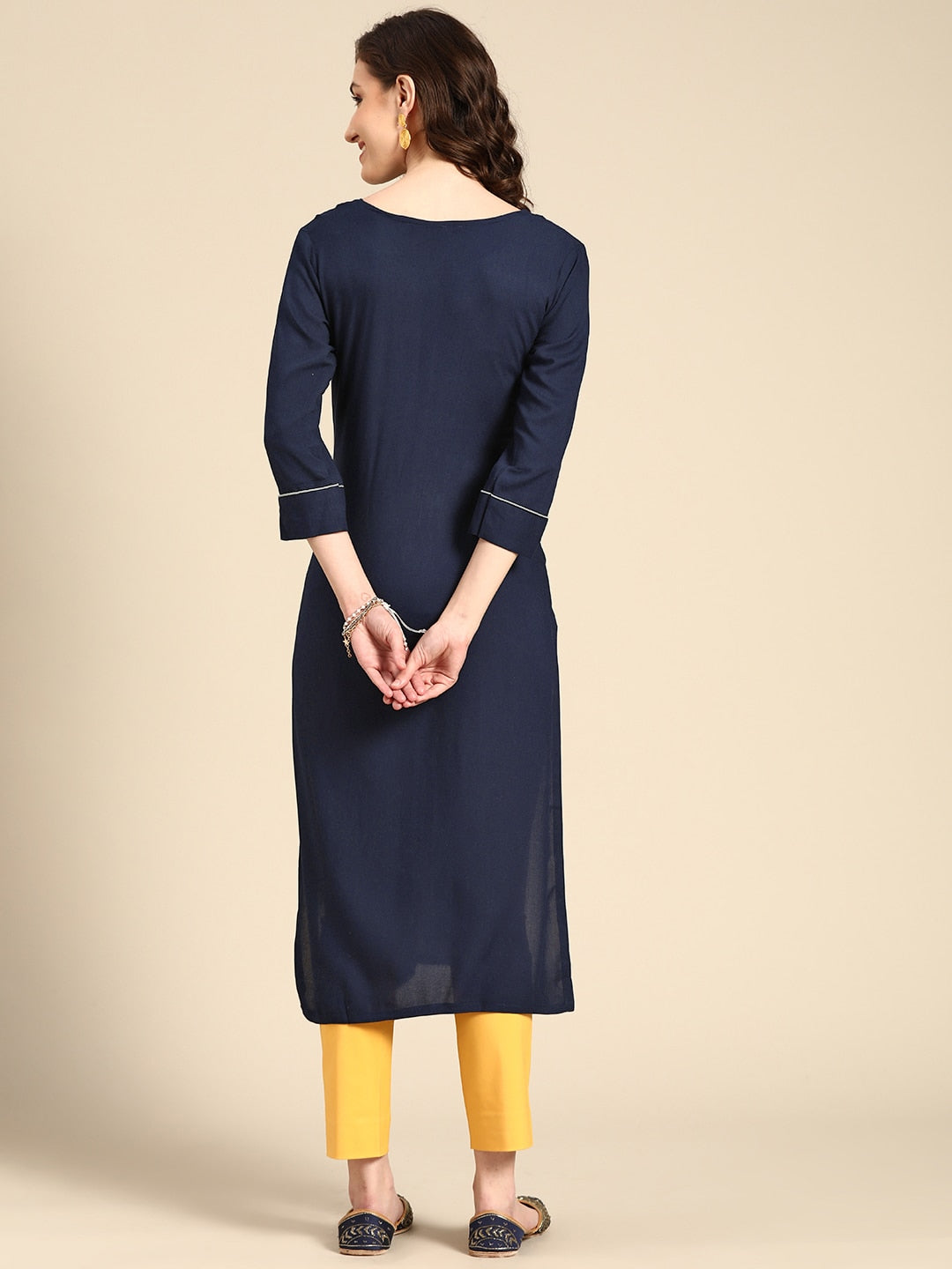 Sangria Women Navy Blue Floral Embroidered Floral Kurta | Grocsy