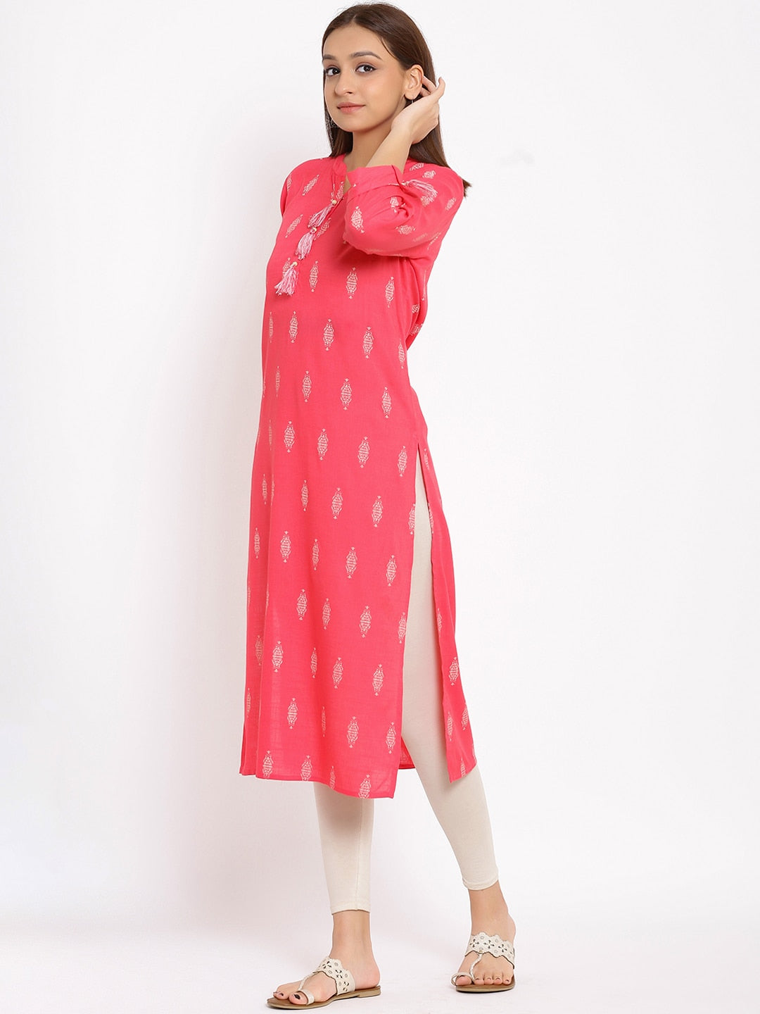 HERE&NOW Pink Mandarin Collar Ethnic Motifs Printed Pure Cotton Kurta | Grocsy