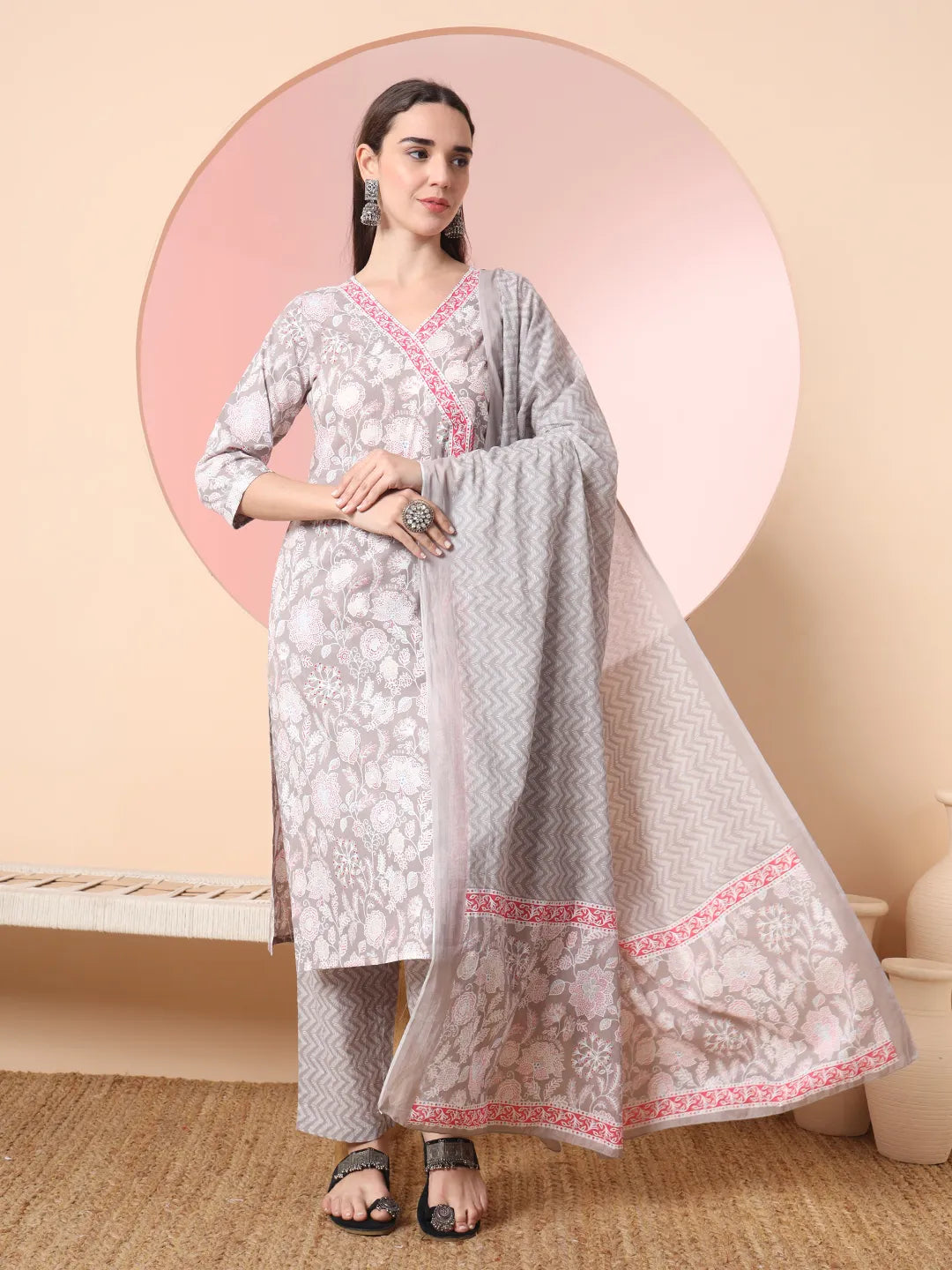 Yufta Grey Pure Cotton Angrakha Kurta Dupatta Pant Set | Grocsy