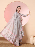 Yufta Grey Pure Cotton Angrakha Kurta Dupatta Pant Set | Grocsy
