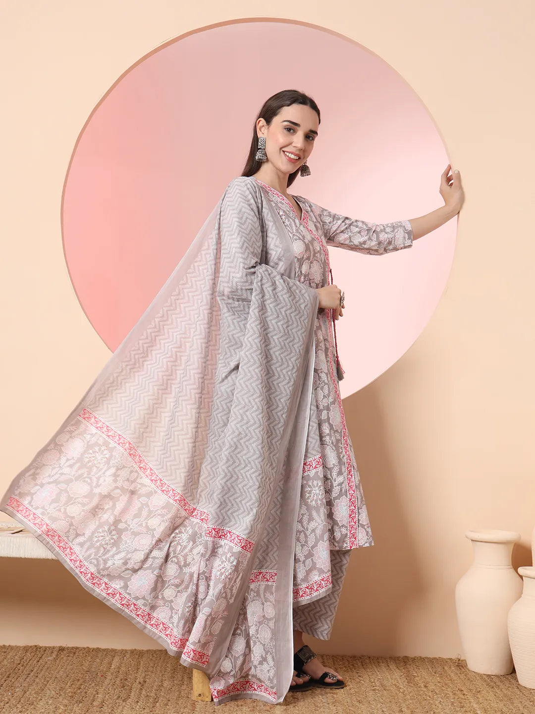 Yufta Grey Pure Cotton Angrakha Kurta Dupatta Pant Set | Grocsy