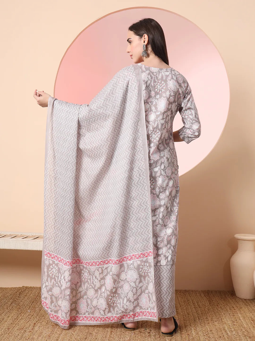 Yufta Grey Pure Cotton Angrakha Kurta Dupatta Pant Set | Grocsy