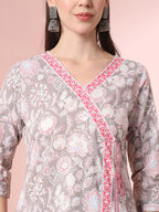 Yufta Grey Pure Cotton Angrakha Kurta Dupatta Pant Set | Grocsy