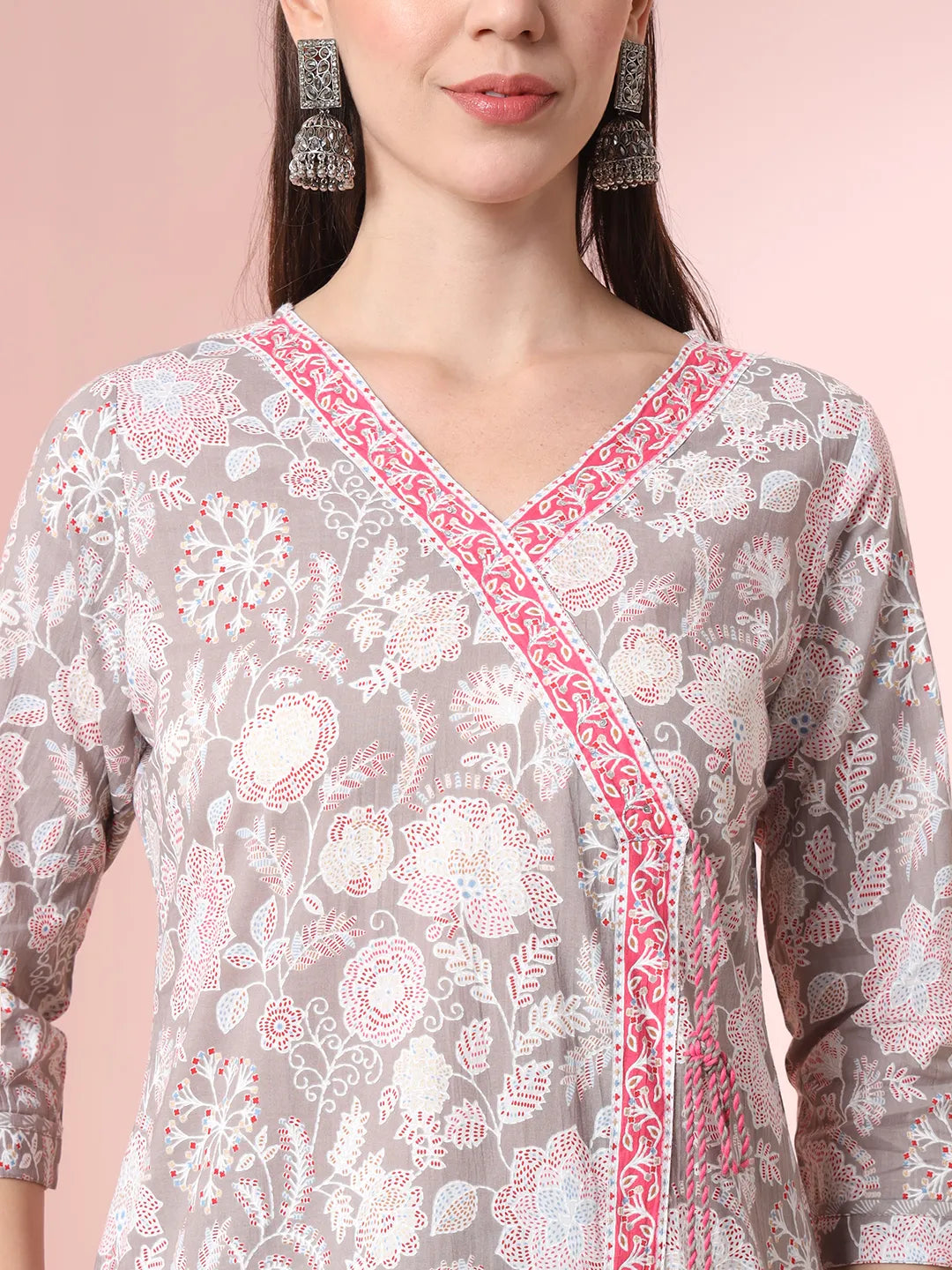 Yufta Grey Pure Cotton Angrakha Kurta Dupatta Pant Set | Grocsy