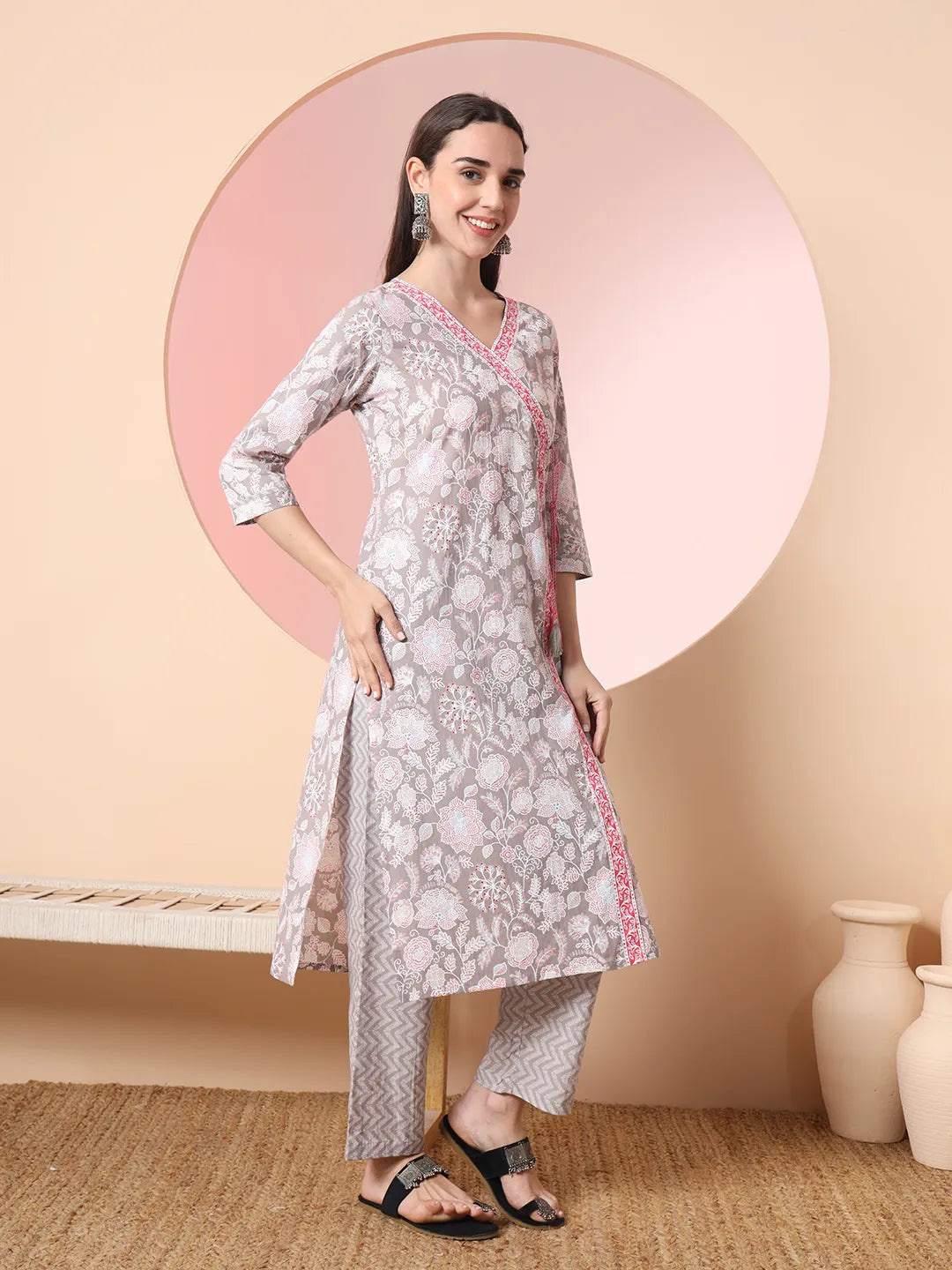 Yufta Grey Pure Cotton Angrakha Kurta Dupatta Pant Set | Grocsy