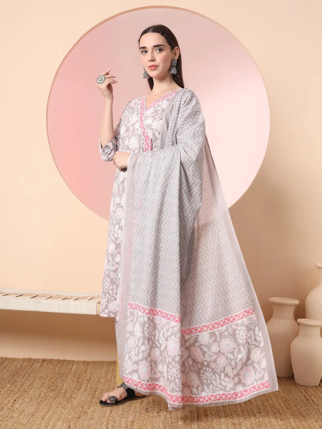 Yufta Grey Pure Cotton Angrakha Kurta Dupatta Pant Set | Grocsy