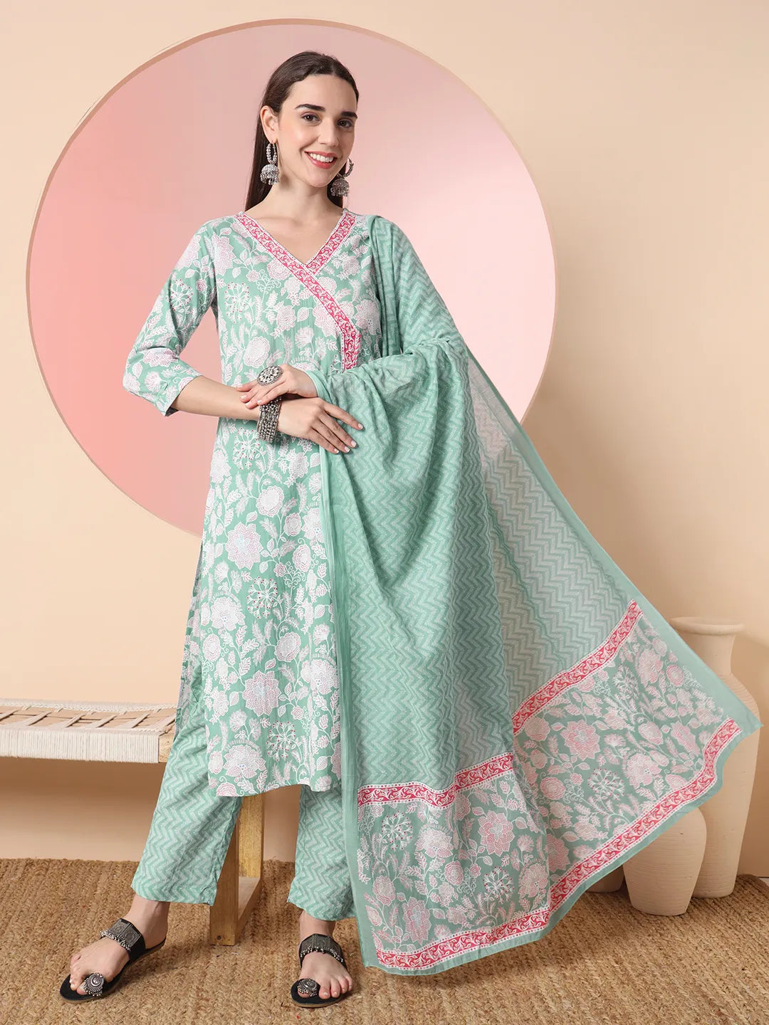 Yufta Sea Green Pure Cotton Angrakha Kurta Dupatta Pant Set | Grocsy