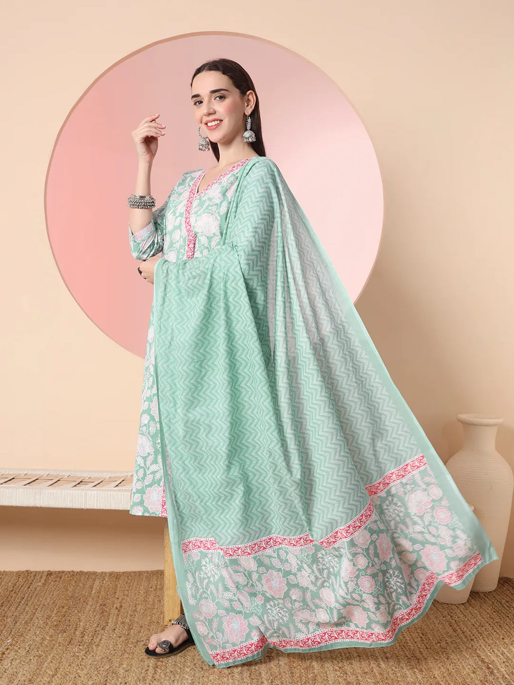 Yufta Sea Green Pure Cotton Angrakha Kurta Dupatta Pant Set | Grocsy