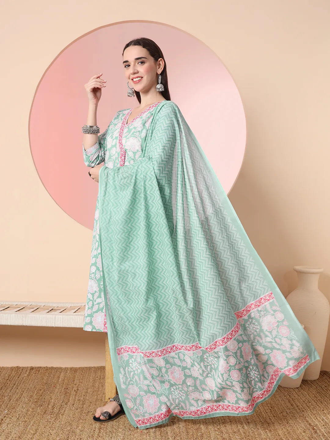 Yufta Sea Green Pure Cotton Angrakha Kurta Dupatta Pant Set | Grocsy