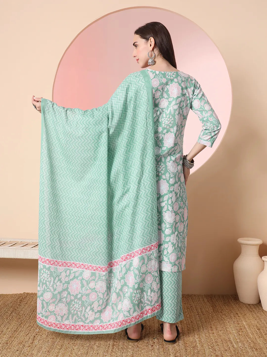 Yufta Sea Green Pure Cotton Angrakha Kurta Dupatta Pant Set | Grocsy