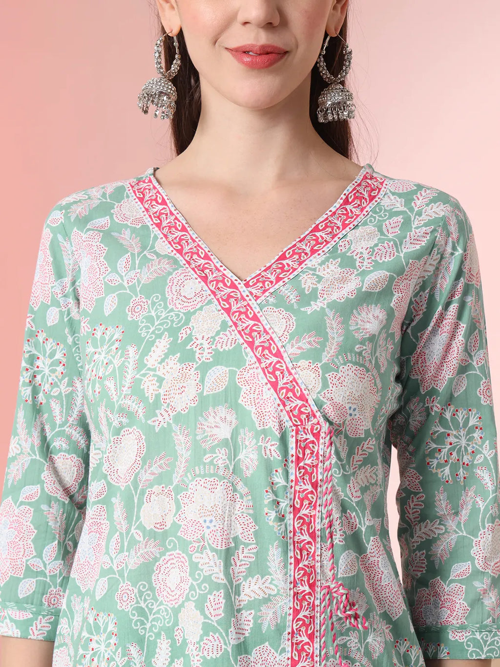 Yufta Sea Green Pure Cotton Angrakha Kurta Dupatta Pant Set | Grocsy
