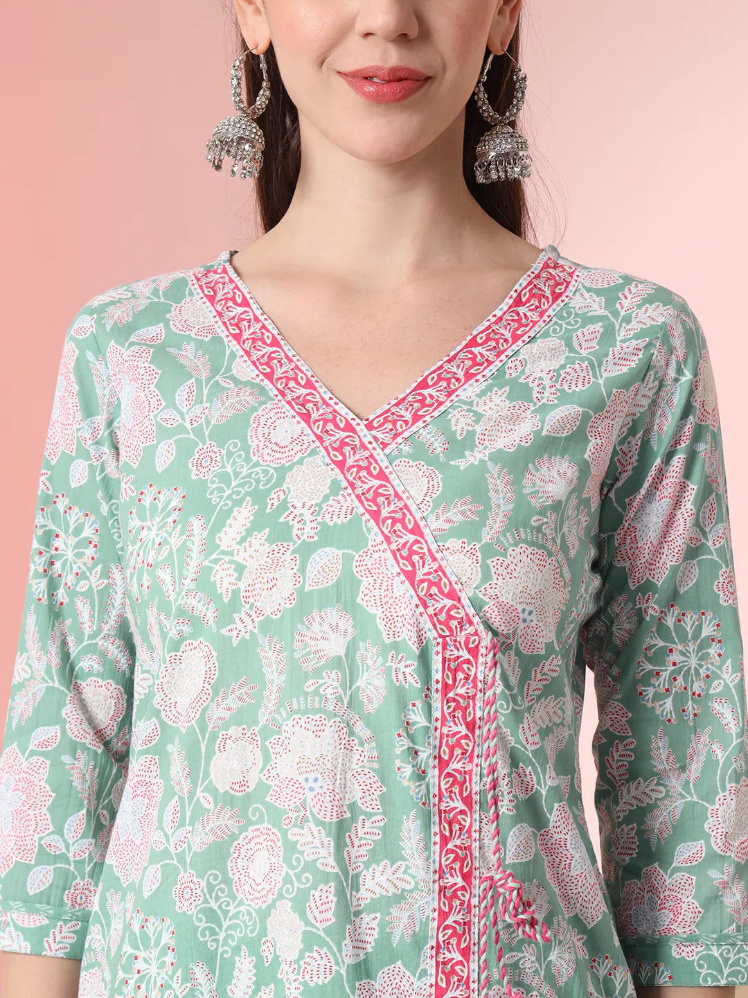 Yufta Sea Green Pure Cotton Angrakha Kurta Dupatta Pant Set | Grocsy