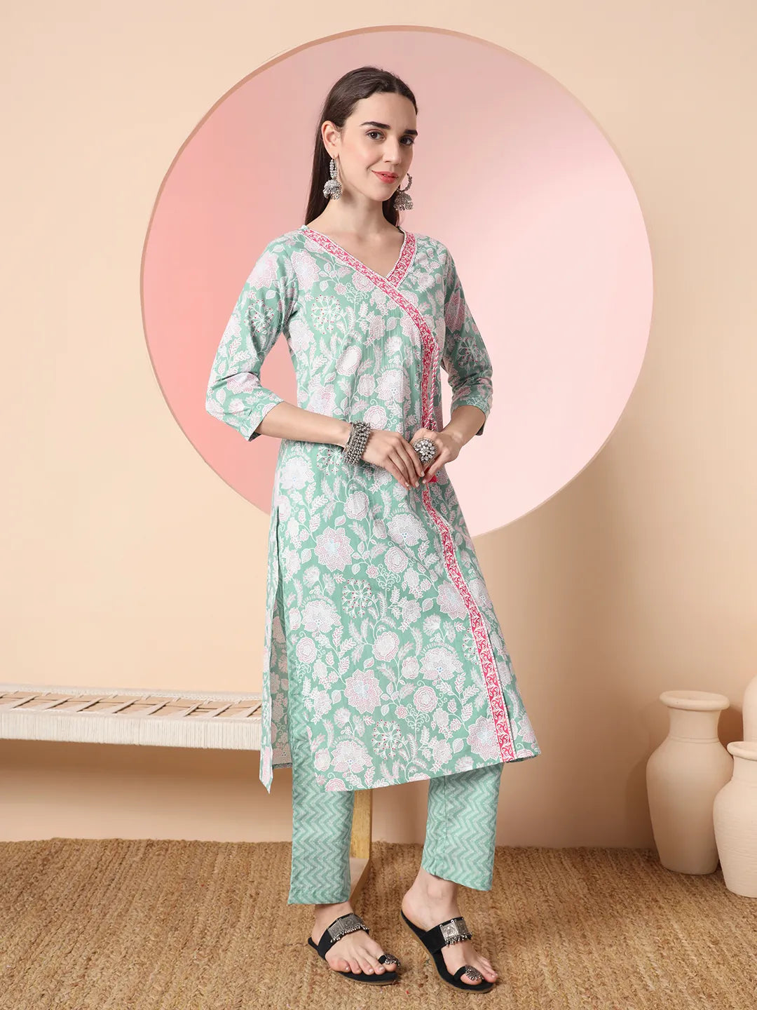 Yufta Sea Green Pure Cotton Angrakha Kurta Dupatta Pant Set | Grocsy