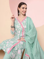 Yufta Sea Green Pure Cotton Angrakha Kurta Dupatta Pant Set | Grocsy