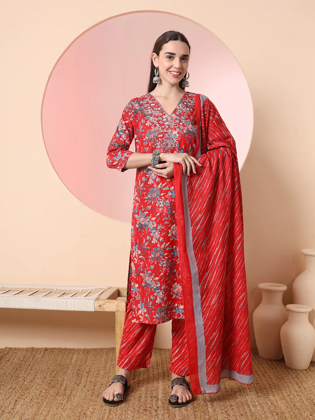 Yufta Red Pure Cotton Thread_Work Straight Kurta Dupatta Pant Set | Grocsy