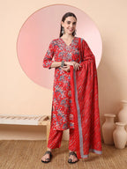 Yufta Red Pure Cotton Thread_Work Straight Kurta Dupatta Pant Set | Grocsy