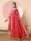 Yufta Red Pure Cotton Thread_Work Straight Kurta Dupatta Pant Set | Grocsy