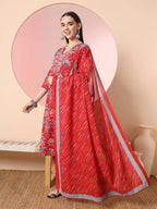 Yufta Red Pure Cotton Thread_Work Straight Kurta Dupatta Pant Set | Grocsy