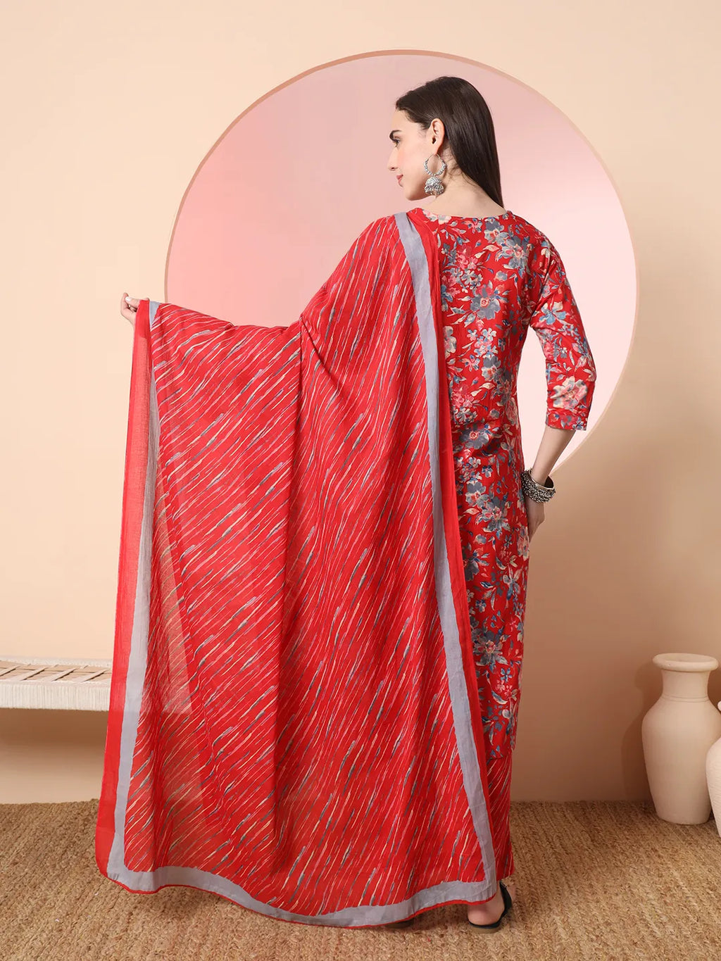 Yufta Red Pure Cotton Thread_Work Straight Kurta Dupatta Pant Set | Grocsy