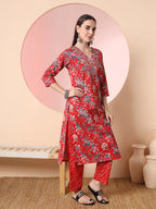 Yufta Red Pure Cotton Thread_Work Straight Kurta Dupatta Pant Set | Grocsy
