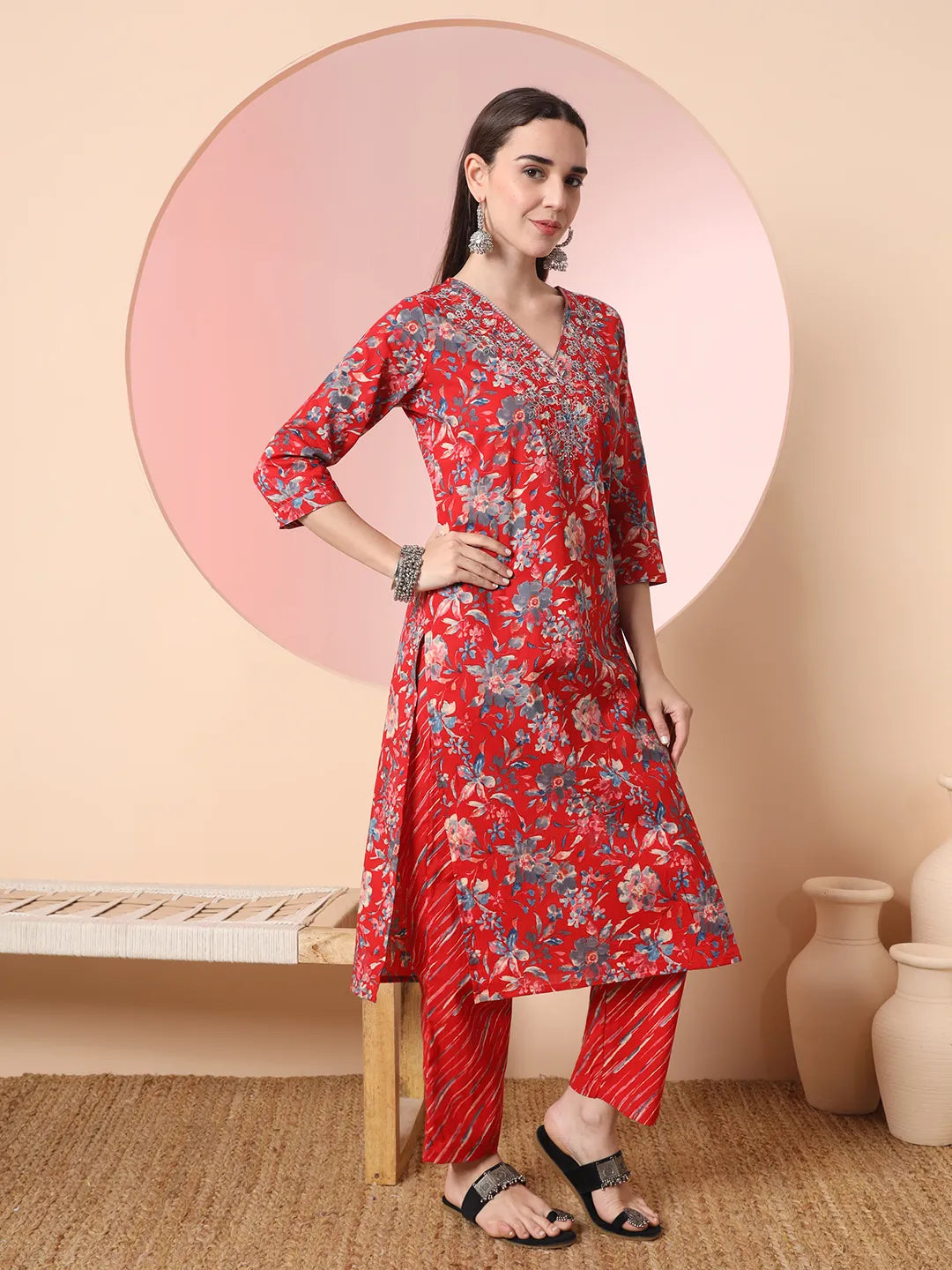 Yufta Red Pure Cotton Thread_Work Straight Kurta Dupatta Pant Set | Grocsy