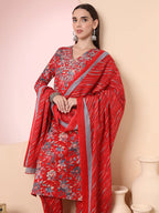 Yufta Red Pure Cotton Thread_Work Straight Kurta Dupatta Pant Set | Grocsy