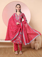 Yufta Pink Pure Cotton Thread_Work Straight Kurta Dupatta Pant Set | Grocsy