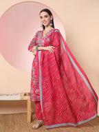 Yufta Pink Pure Cotton Thread_Work Straight Kurta Dupatta Pant Set | Grocsy